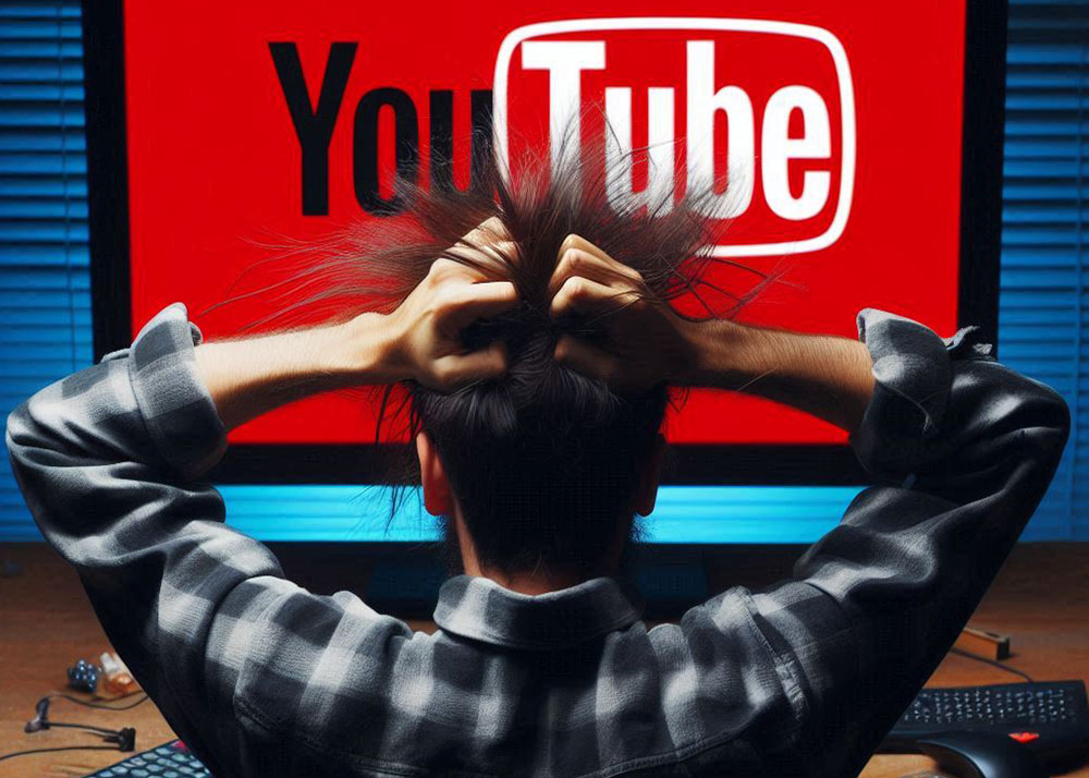 Man Pulling Hair Staring At YouTube logo