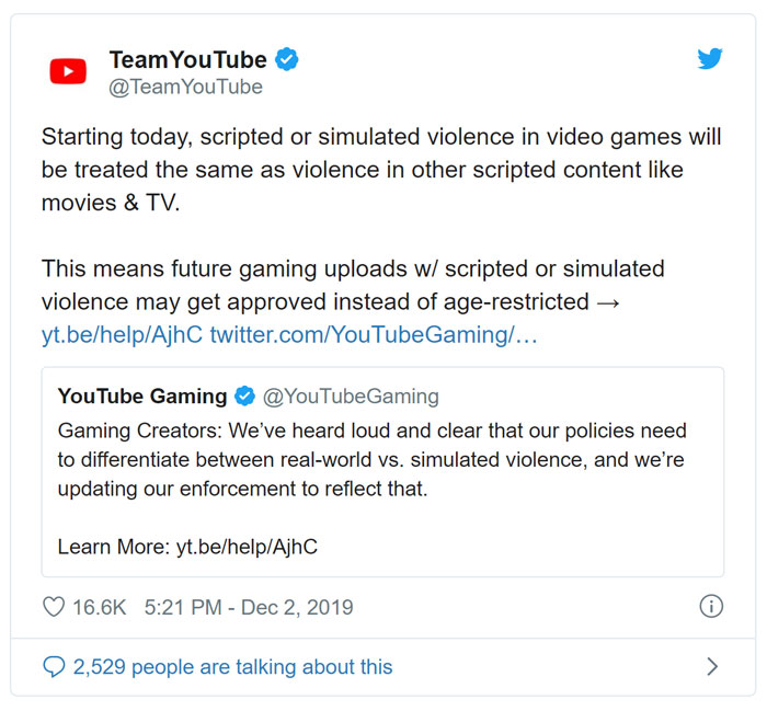YouTube Tweet On Violent Video Games Policy
